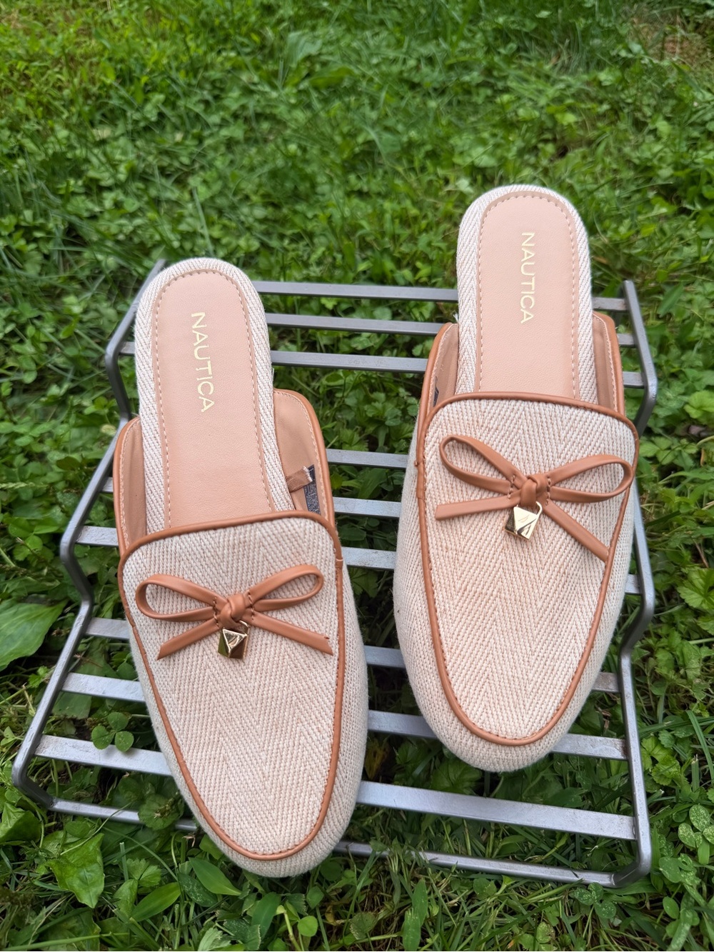 Nautica Beige Slip-On Loafers with Tan Trim and Bow